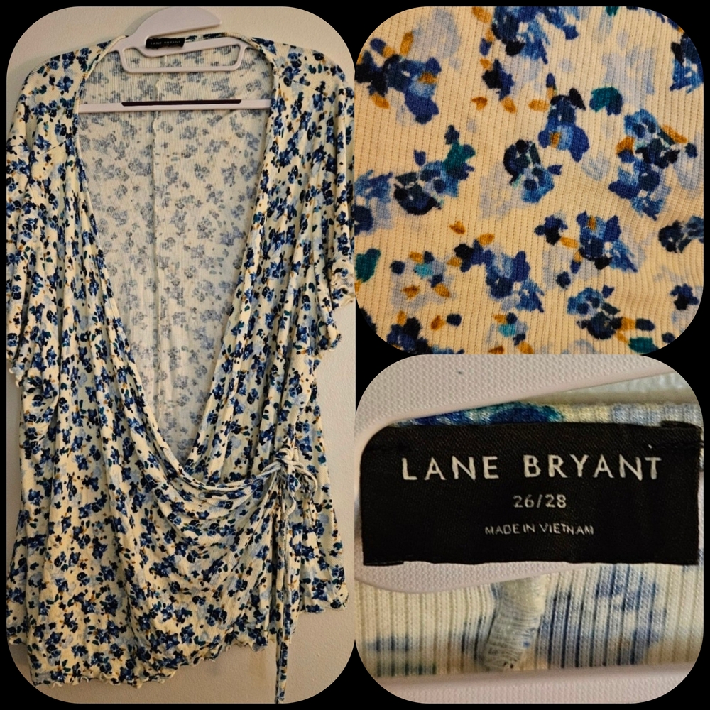 SIZE 26 28 LANE BRYANT Blue and White Floral Wrap Style Shirt Cardigan (B38)